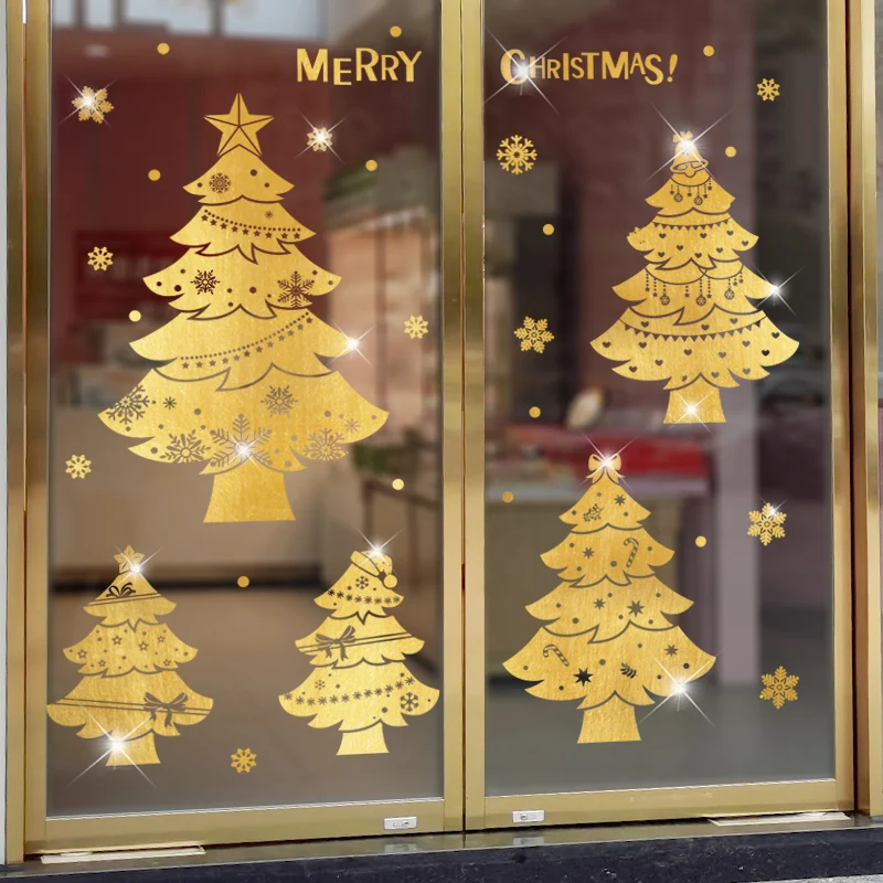 

[shijuekongjian] Christmas Window Stickers DIY Gold Trees Wall Decals for Living Room Glass New Year Festival Home Decoration