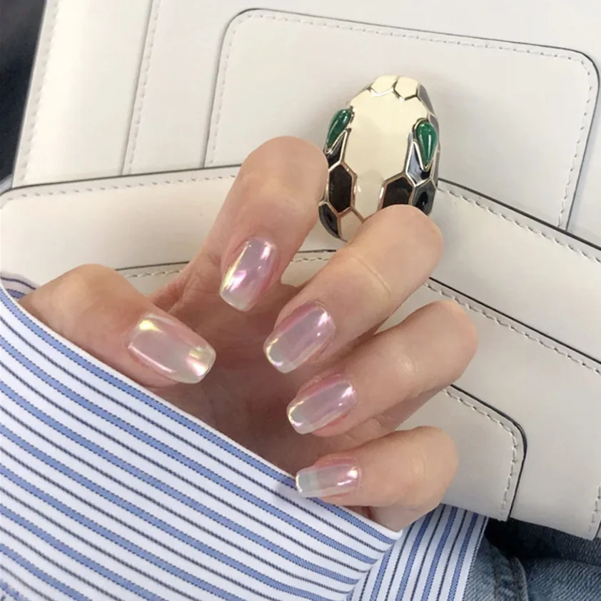 Миниатюрные розовые зеркальные накладные ногти чистого цвета французские 24 шт. с