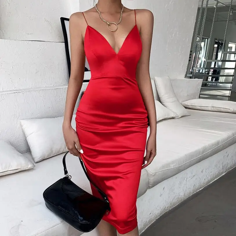 

LISCN 2021 Spring New Women's Clothing Sexy Slim Waist Hip Skirt V-Neck Strap Satin Ladies Sexy Nightclub Party Dress 93643
