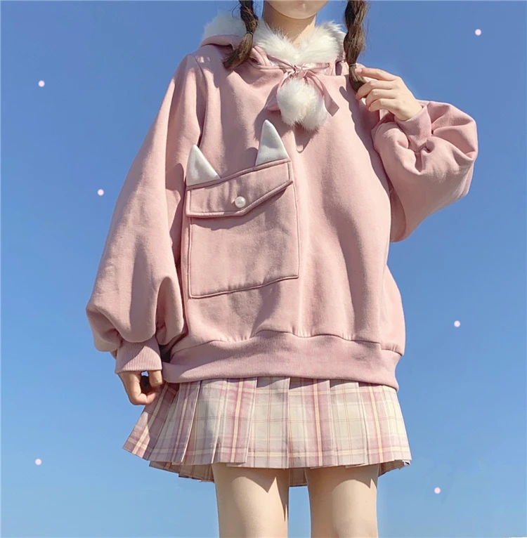 

Japanese Cute Rabbit Ears Hooded Sweatshirt Sweet College Style Kawaii Full Sleeve Pullover Soft Girls Plus Korean Hoodies Women