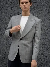 Terno dos homens luz cinza xadrez uma peça jaqueta dois botão pico lapela negócios cutual formal wear noivo casaco festa de casamento (4)