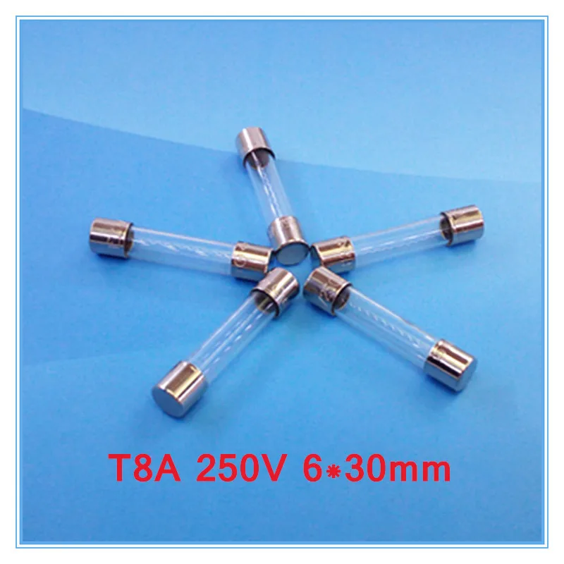(100 шт./лот) T8A 250V 6x30mm медленный стеклянный трубчатый предохранитель UL VDE RoHS