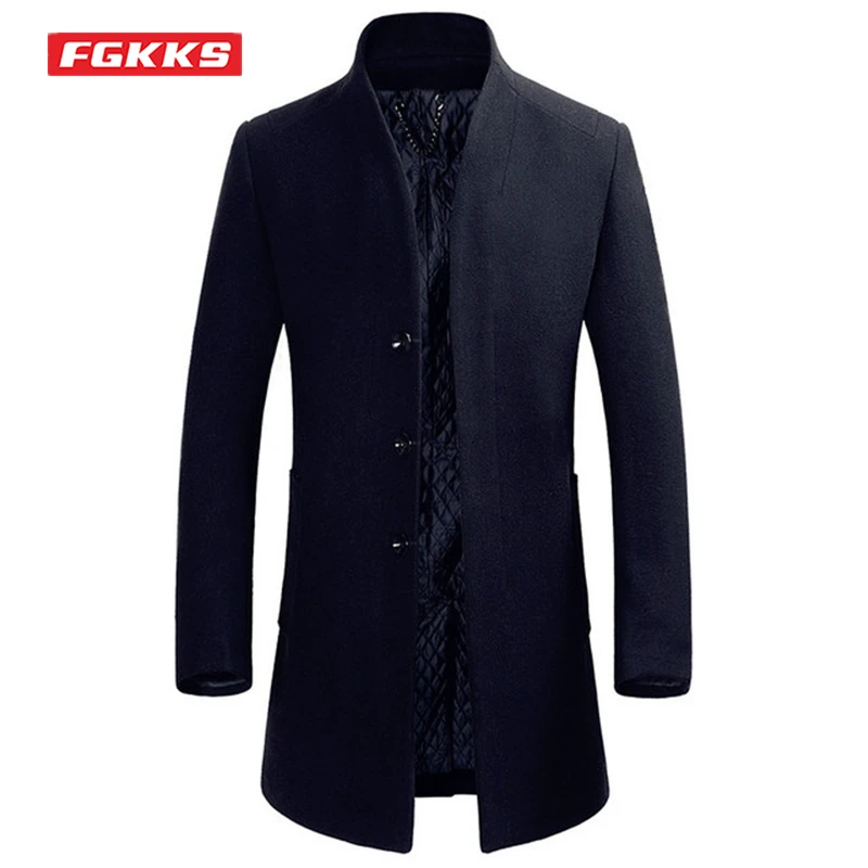 

FGKKS Winter Woolen Coat Men Thick Warm Solid Color Single Breasted Plaid Lining Long Jacket Fashion Casual Trench Overcoat Male