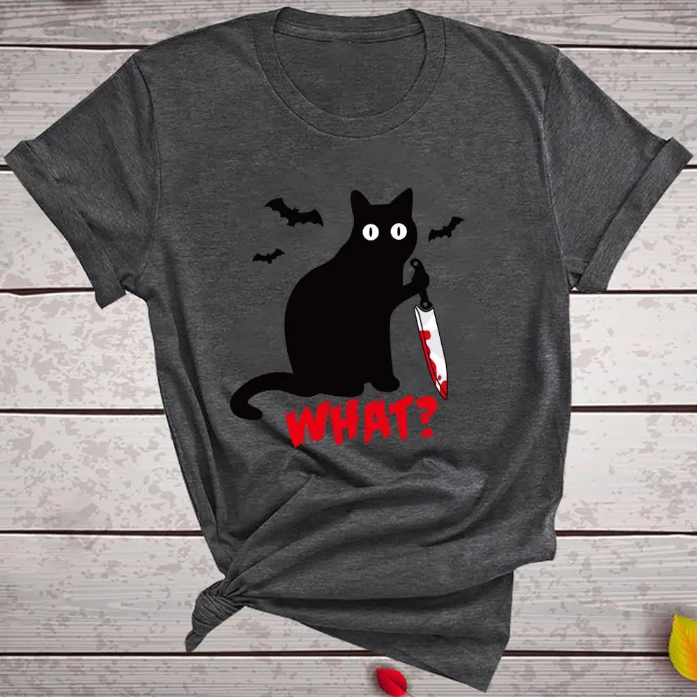 T Shirt Women 2020 What Bloody Dagger Cat Printed Casual Loose Top Tees 100% Cotton O Neck Plus Size Tee | Женская одежда