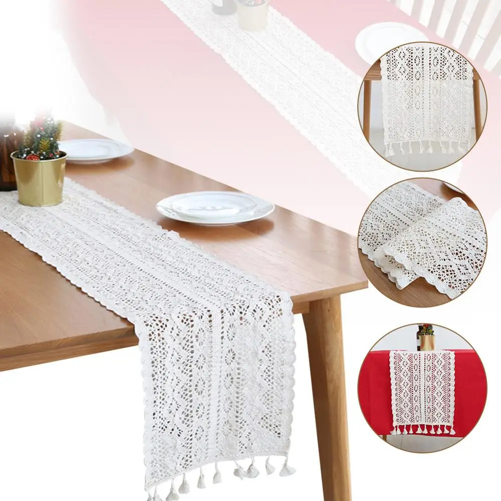 

Macrame Table Runner Cotton Crochet Lace Boho Table Runner with Tassels for Kitchen Table, Wedding, 24 x 180 cm