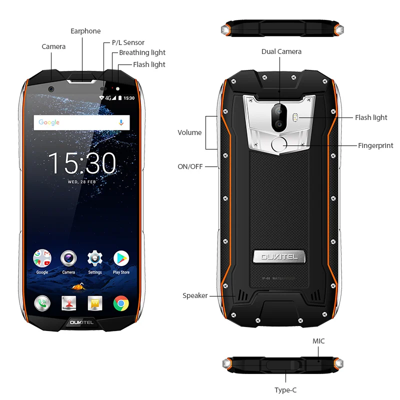 Смартфон OUKITEL WP5000 5 7-дюймовый экран водонепроницаемый Android 7 1 Восьмиядерный Helio P25 6