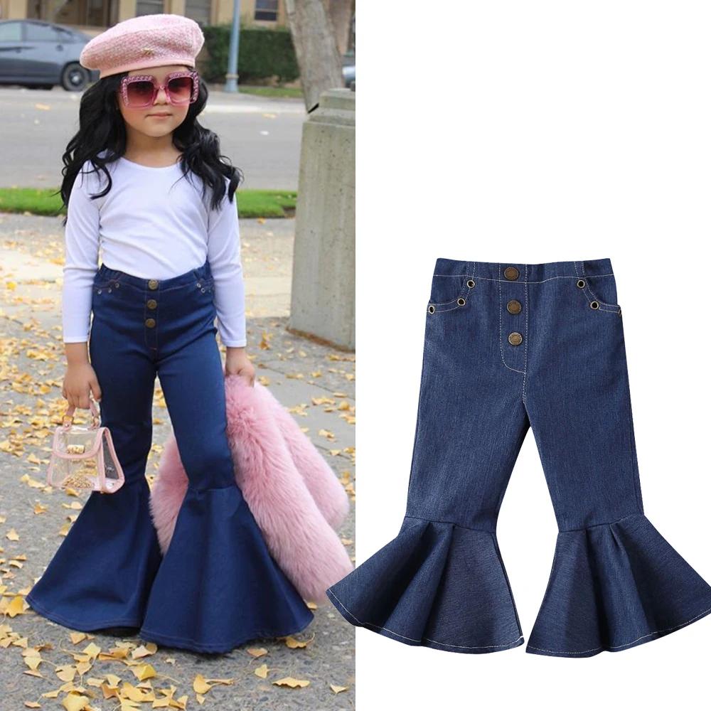 

2020 New Fashion Kids Baby Girls Bell-Bottoms Pants Blue Denim Wide Legs Jeans Trousers Autumn Clothes 1-6Y