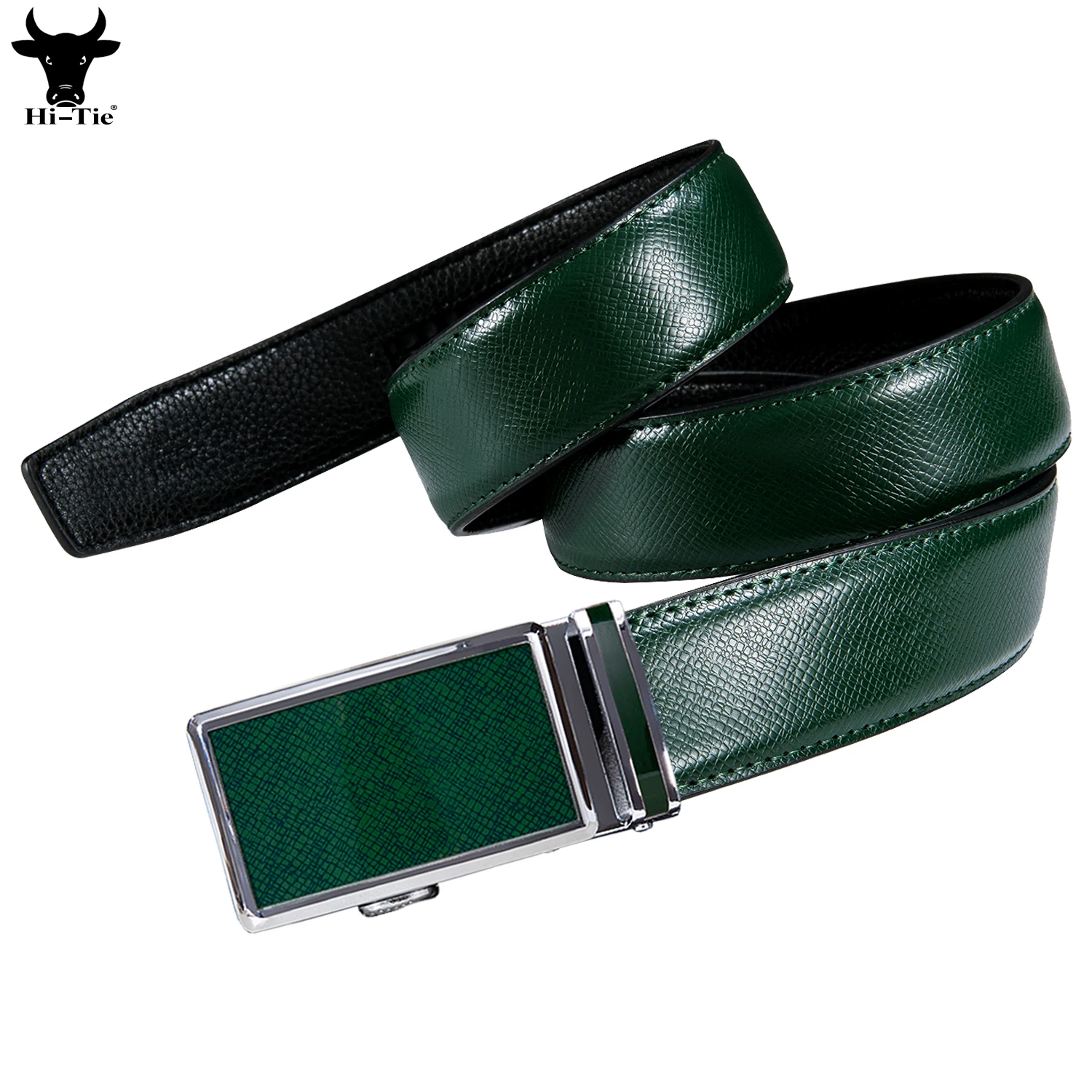 Hi-Tie Fashion Green Real Leather Mens Belts Automatic Buckles Ratchet Adult Waist Belt for Men Dress Jeans Suit Wedding Party