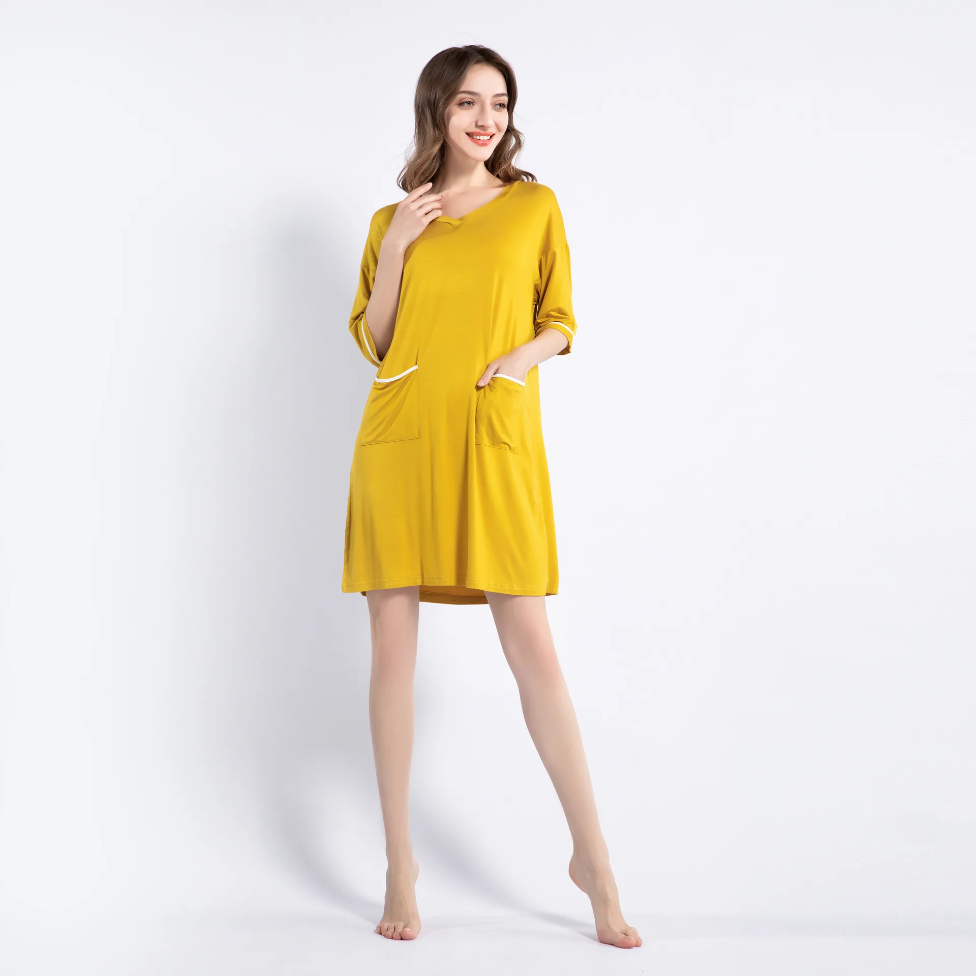 

Modal Pocket Nightdress Women's Home V-neck Short Sleeve Nightgown Lady Sleepshirt Leisure Fashion Dress Female Casual Sleepwear