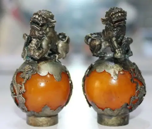 

Tibet Old Silver Hand Carved Amber Dragon Phoenix Ball Lion Statue Pair