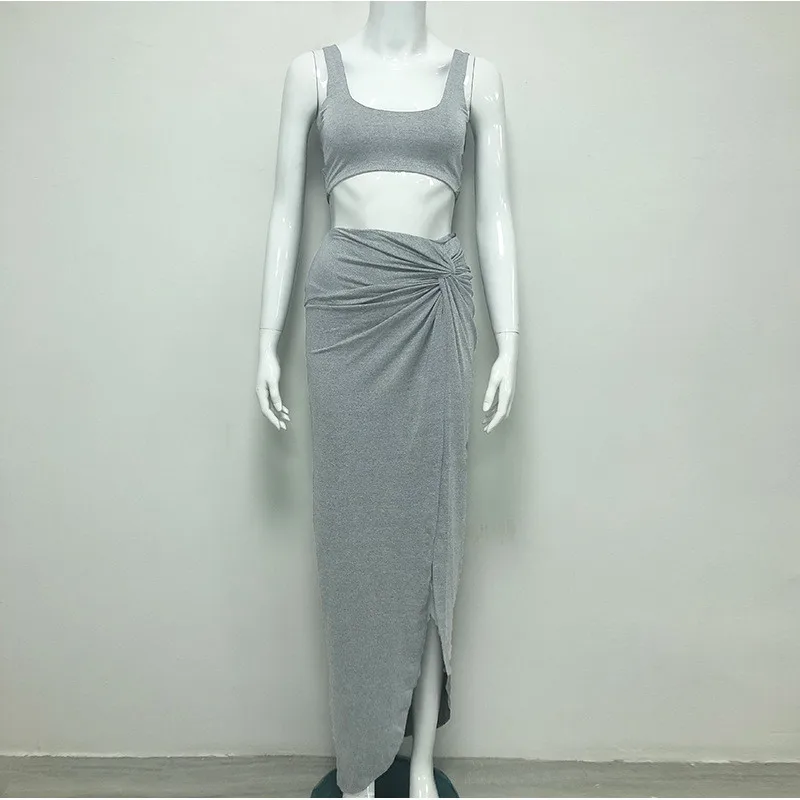 Sexy Party 2 Piece Set Women 2020 Plus Size Crop Top Twist Side Split Long Skirts Matching Sets Club Two Outfits Fit 2pcs |