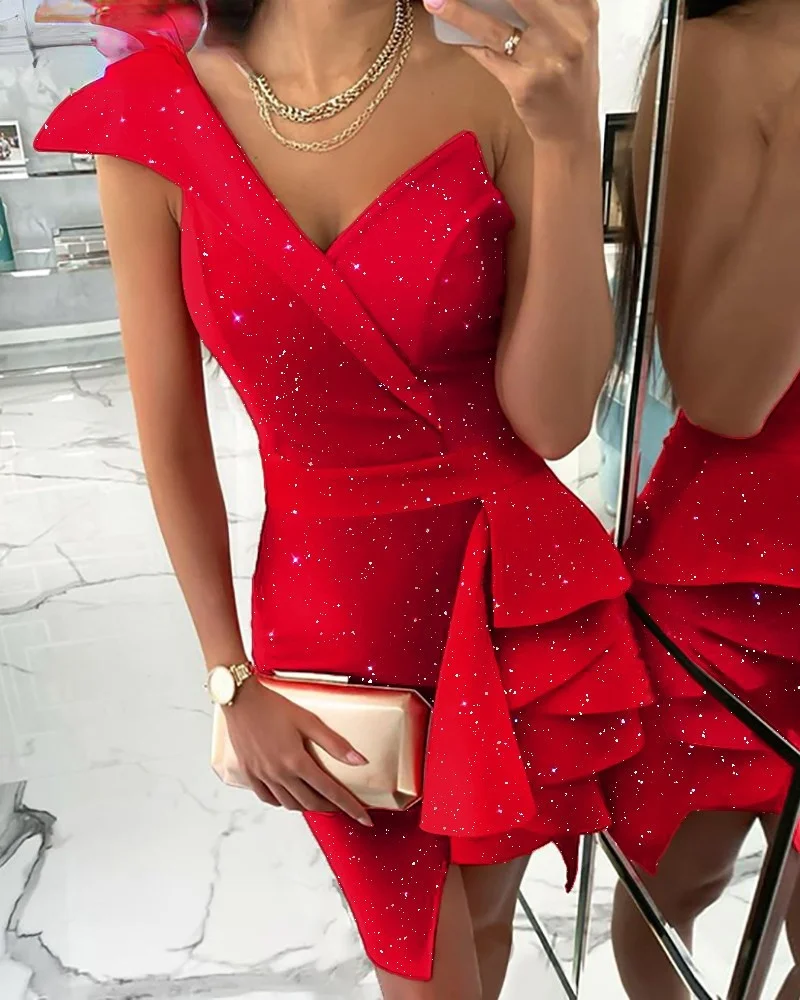 

Party Dress Women Deep V Neck Single Shoulder Ruffles Design