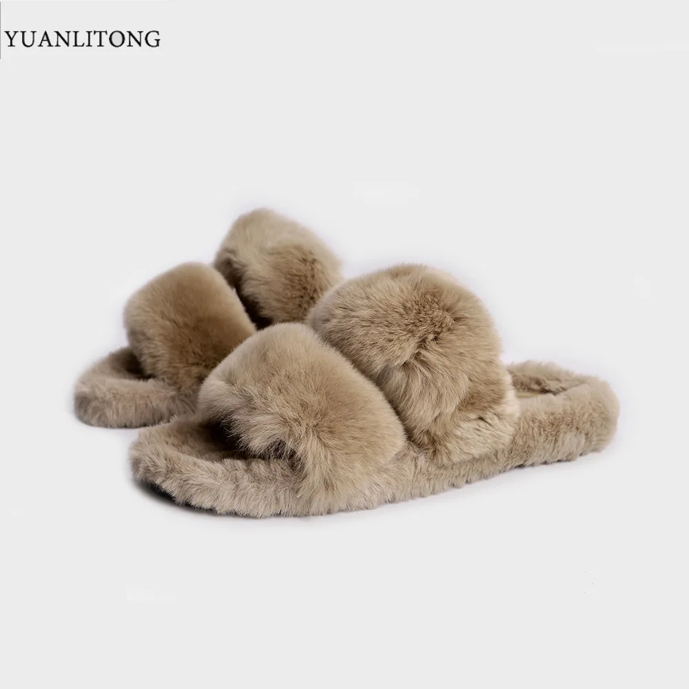 

New winter women's slippers, artificial fur, full-wrapped soles, furry slippers, black women's warm flat-bottomed large size sli