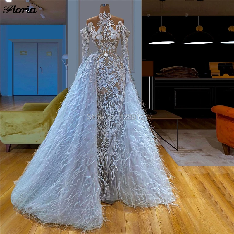 

Blue Feathers Dubai Formal Evening Dress Celebrity Gowns Vestidos Saudi Arabic See Through Prom Dresses 2019 Kaftan Party Gowns