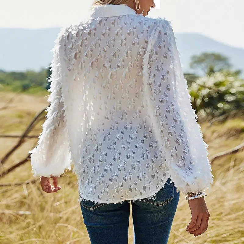 

2021 Spring And Summer New Women's Single-Breasted Soft Breathable Hollow Casual Long-sleeved Cardigan Ladies Lapel Shirt