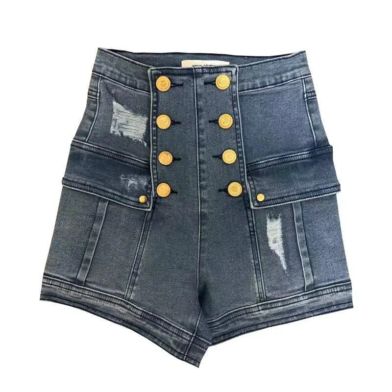 Джинсовые шорты с высокой талией на пуговицах золотистого цвета дырками синие