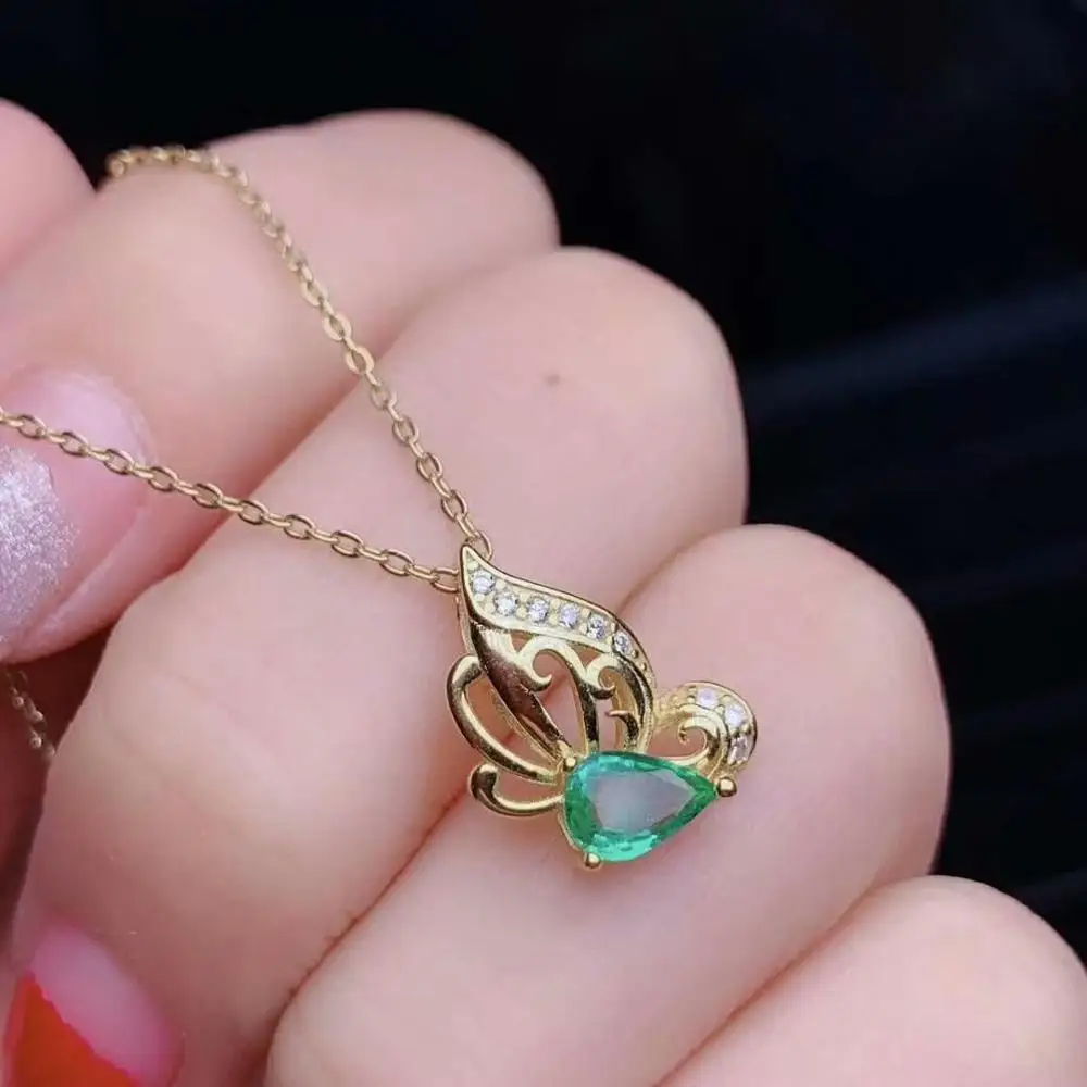 

SHILOVEM 925 sterling silver real Natural Emerald Pendants classic fine Jewelry women wedding new gift 4*6mm dz0406881agml