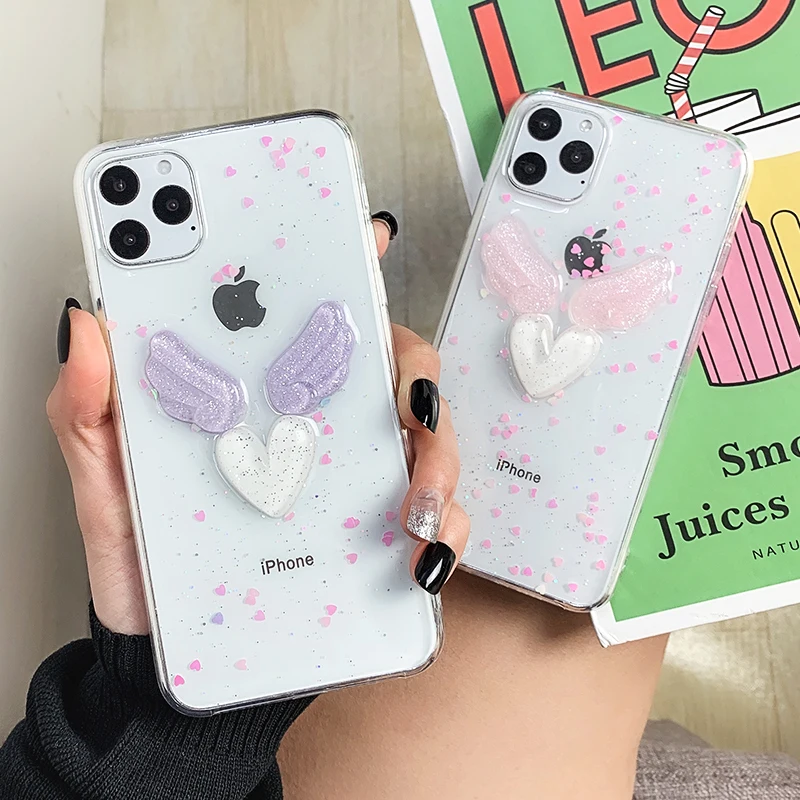 Чехол из эпоксидной смолы с объемными крыльями в виде сердца для iPhone 11 Pro Max 6 6s 7 8