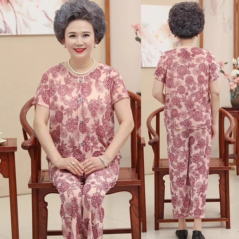 

Printing short sleeve Ankle-Length Pants Suit Women Fashion Casual loose big size sets Ladies Mom Korean summer Two Piece Set