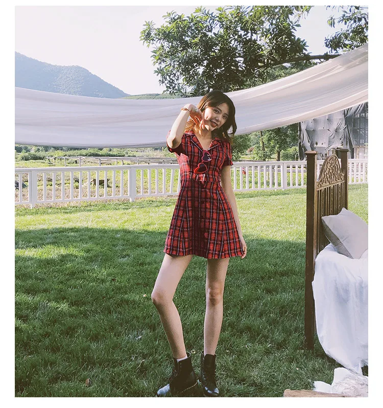 Красное розовое желтое милое платье на пуговицах мини-платье с коротким рукавом