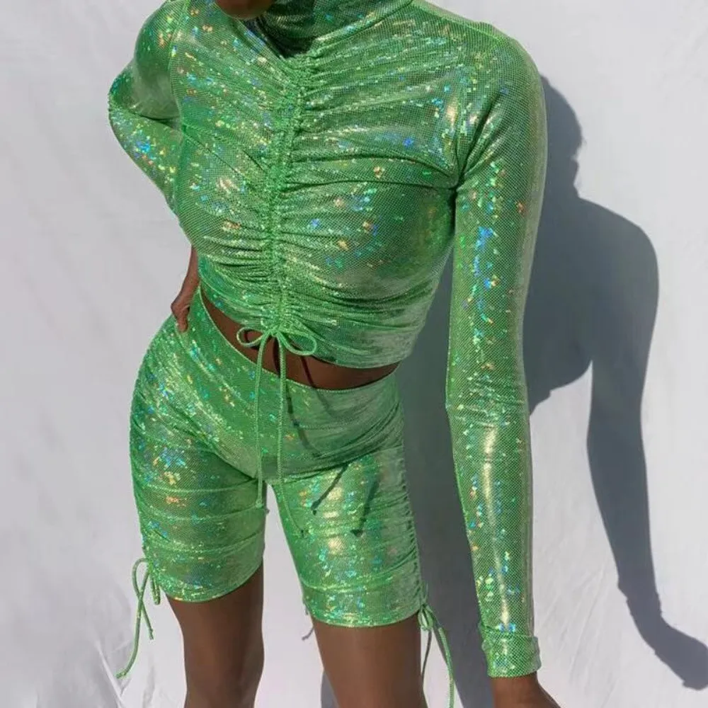 Сексуальный женский костюм из 2 предметов с блестками блестящий длинным рукавом