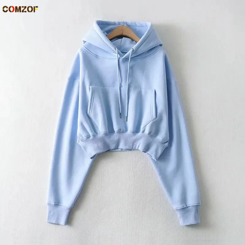 

Женская Короткая Толстовка с капюшоном в Корейском стиле на осень и зиму 2020, укороченный топ с длинными рукавами, флисовый свитер с капюшоно...