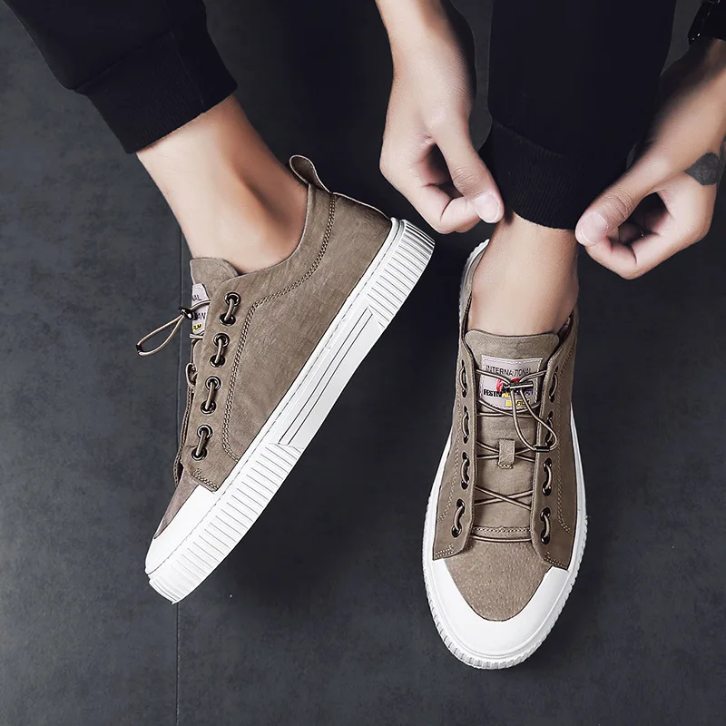 Кроссовки мужские с низким вырезом холщовые дышащие сникерсы резинкой плоская