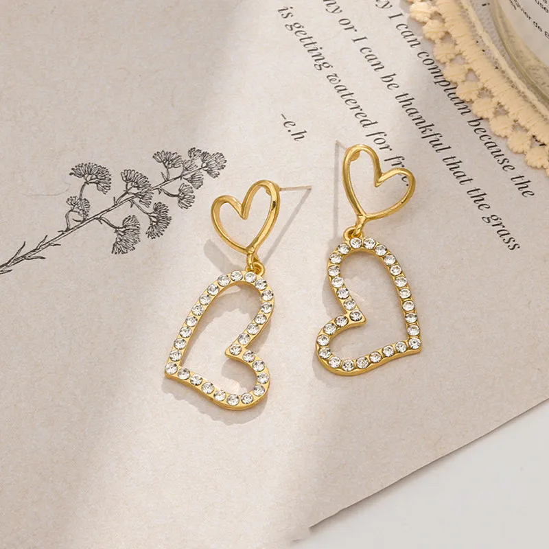 

Double Love Heart Rhinestone Earrings Sweet Irregular Party Jewelry Gift Simple Korean Stud Earring Luxury Big Heart Ear Pierced