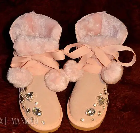 

In the tube bow anti-skid bottom strap hair ball rhinestones snow boots large size female cotton shoes fur one
