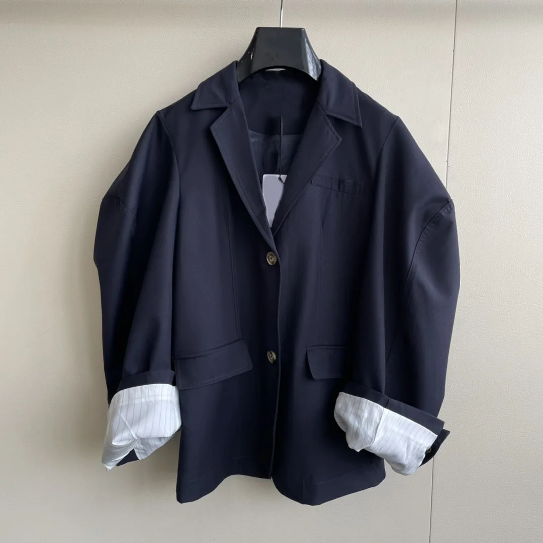

High-end Brand Purplish Blue Suit Coats Top Quality 3D Cut Lapel Double Breasted Coat Striped Lining Loose Suit Tops Autumn 2021