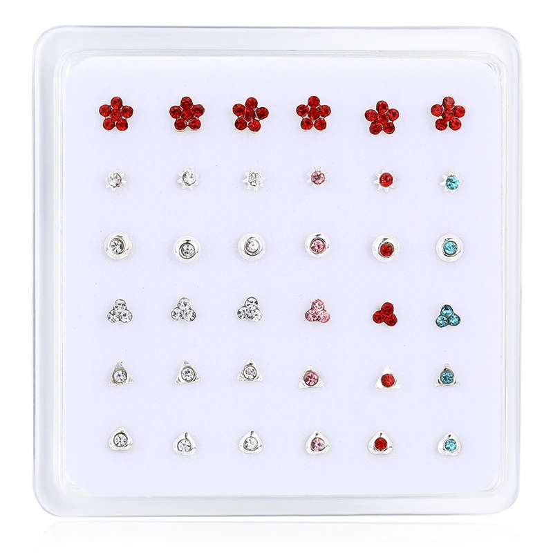 36 шт./компл. 925 пробы серебро прозрачного хрусталя Сережка для пирсинга носа