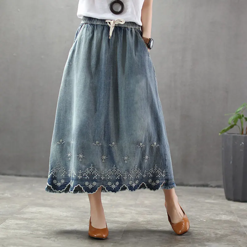 Новые женские юбки до середины икры с вышивкой и кисточками из хлопка денима