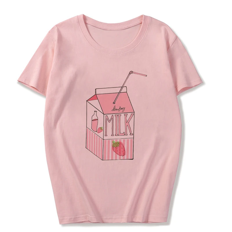 2679-Pink Summer New Pink Fashion Korean Style Women's Japanese Peach Juice Drink Print Harajuku Vogue Casual Loose Kawaii Female T Shirt - Color: 2679-Pink