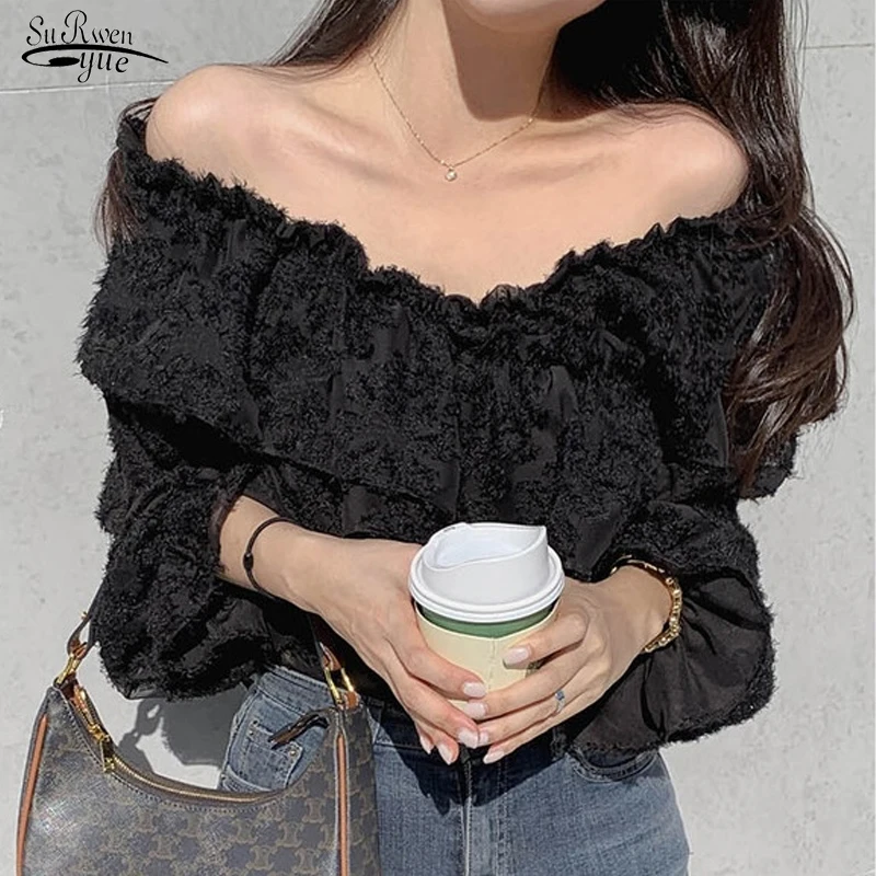 

Elegant Pleated Ruffle Blouse Women Sexy Slash Neck Crop Top Slim Petal Sleeve Patchwork Solid Casual Vintage Shirt Blusas 18542