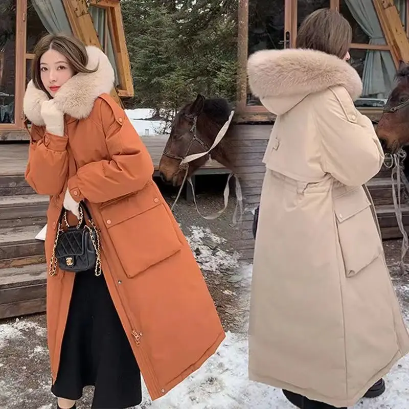 2021 New Waist Down Padded Jacket Women Mid-Length Over-The-Knee Hooded Big Fur Collar Thick Imitate White Duck Down Off Coat