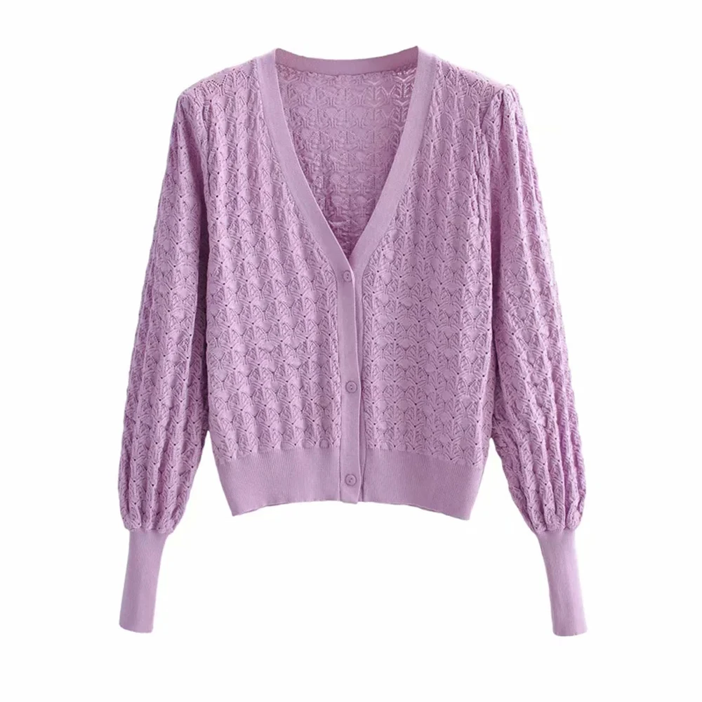 

2021 Women Fashion Button-up Cropped Knitted Cardigan Hollow Out Sweater Vintage V Neck Long Sleeve Female Outerwear Chic Tops