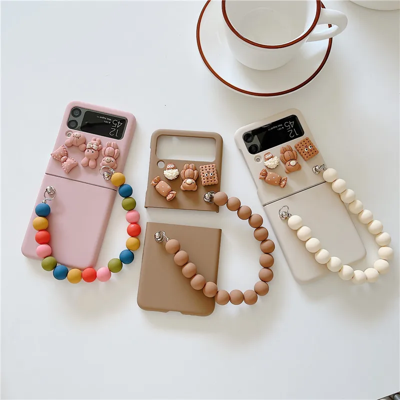 Korea Cute Cartoon 3D Doll Phone Cases For Samsung Galaxy Z Flip 3 Beaded Bracelet Cover Case for Flip3 ZFlip3 ZFlip | Мобильные