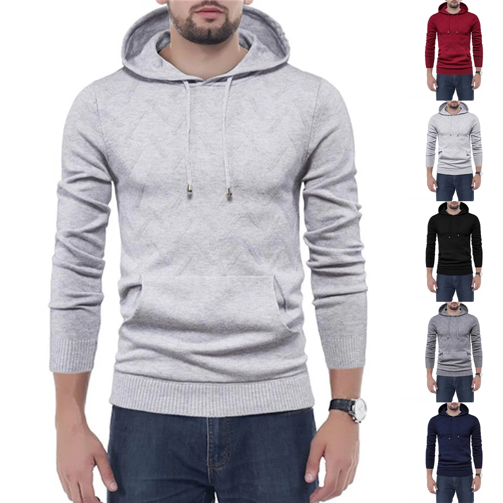 

Sport Sweatshirts Mens Autumn Plain Long Sleeve Casual Knitted Pullover Hoodies Warmer Jumper Hat Top