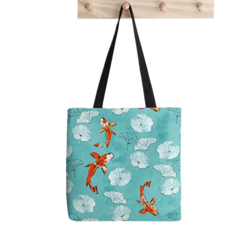 

Women Shopper bag koi in turquoise Printed Kawaii Bag Harajuku Shopping Canvas Shopper Bag girl handbag Tote Shoulder Lady Bag