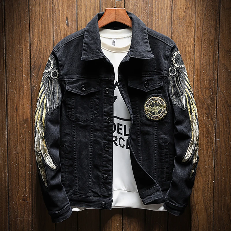 Мужская модная джинсовая куртка с крыльями Облегающая без подкладки черная