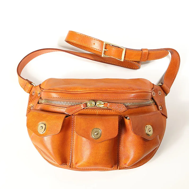 

Retro fashion high quality real leather men's multi-pocket chest bag outdoor daily summer hot sale first layer cowhide belt bag