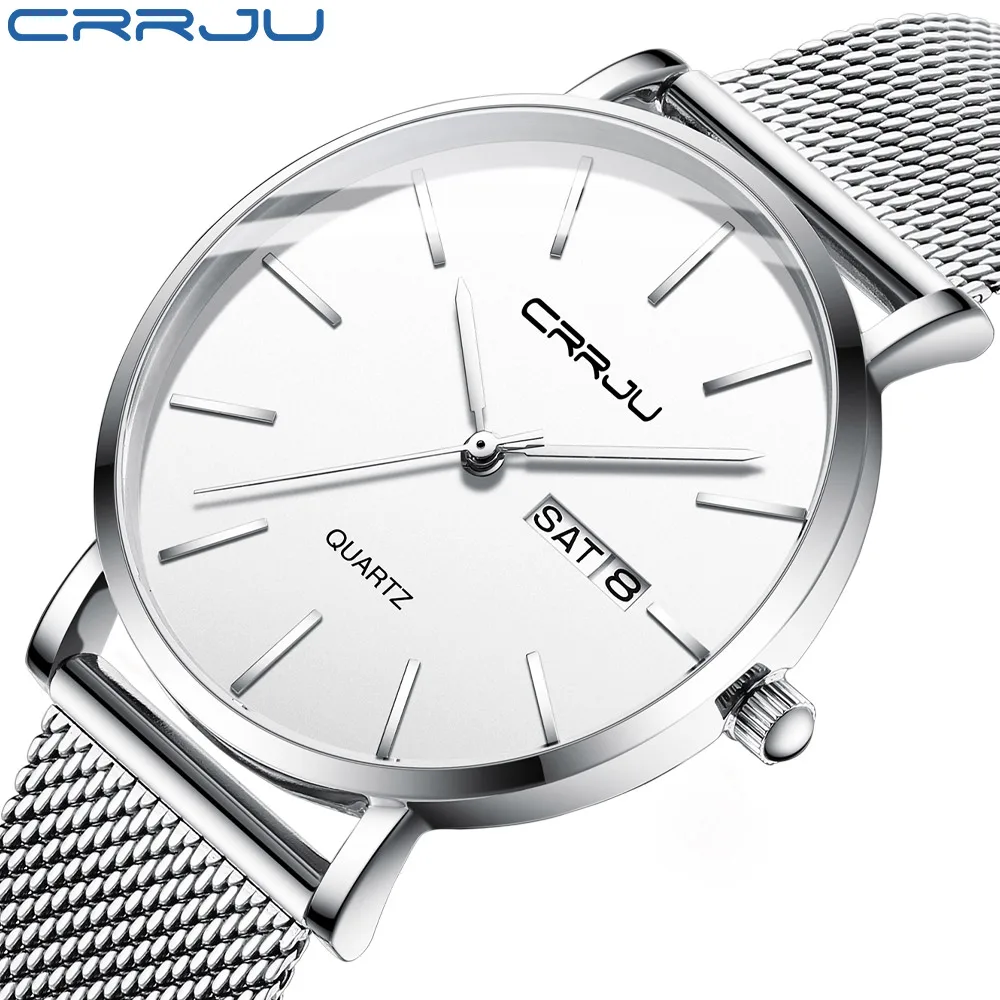 

Часы наручные CRRJU женские кварцевые, модные брендовые элегантные деловые с подвесками из нержавеющей стали, с календарем