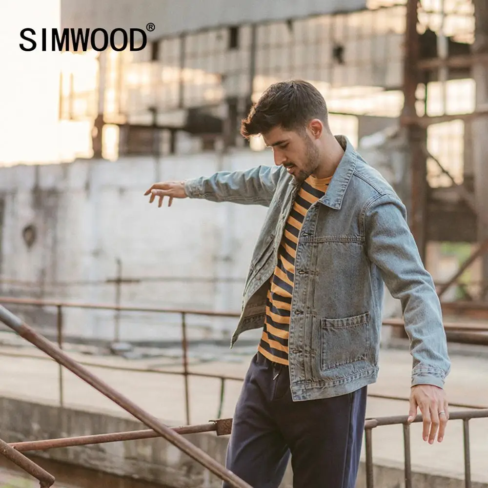Мужская джинсовая куртка SIMWOOD хлопковая с рюшами уличная большого размера на
