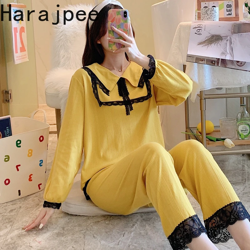 

Harajpee Sweet Princess Style Home Clothes Autumn Cotton Pajamas Women Long Sleeved Korean Lace Casual Clothes Fashionable Suit