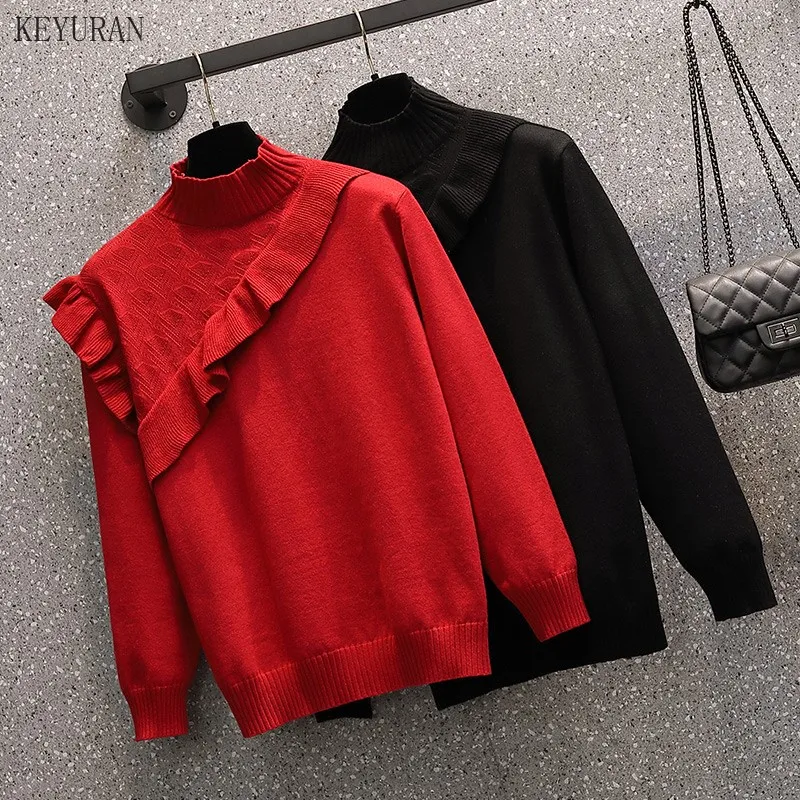 

Solid Korean Elegant Women Sweater Long Sleeve Half Turtleneck Knitted Pullover Female Chic Jumper Office Lady Ruffles Plus Size