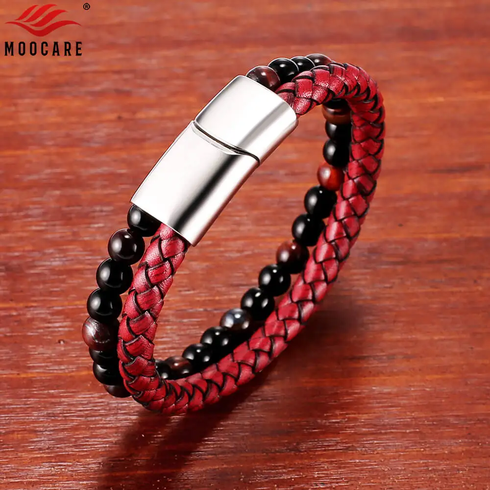 Мужской кожаный браслет ручной работы Moocare плетеный из нержавеющей стали с