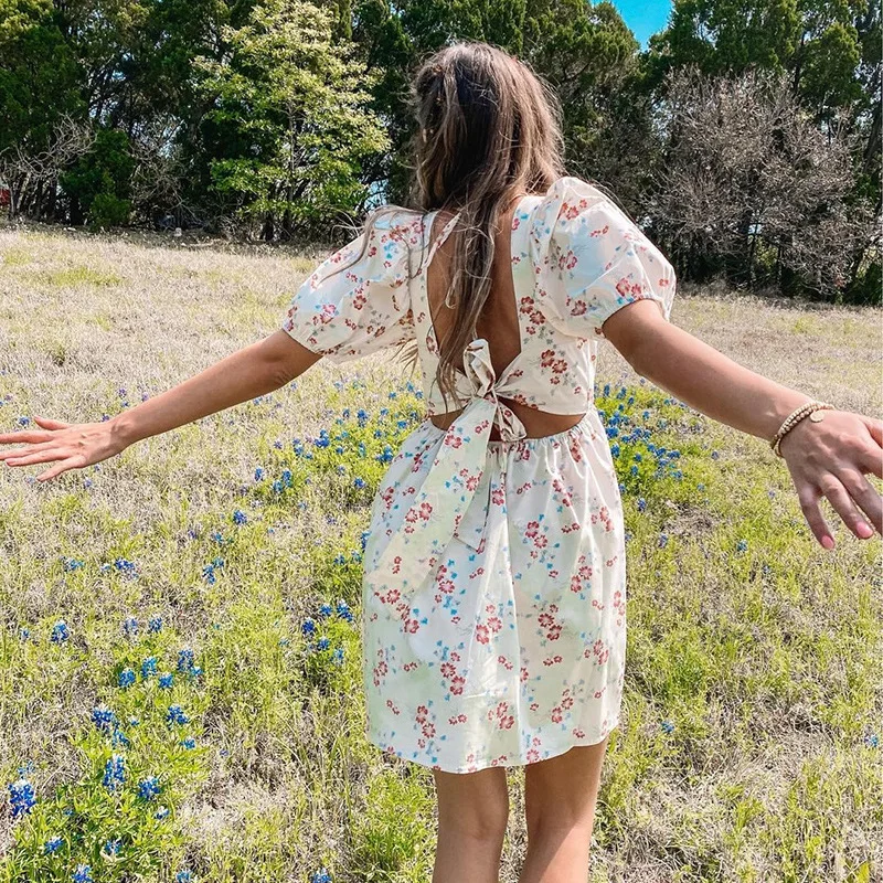 

Floral Vintage Summer Dress 2021 New Sweet Puff Sleeve Sundress Sexy Hollow Out Elegant Holiday Party Mini Dress Women Vestidos