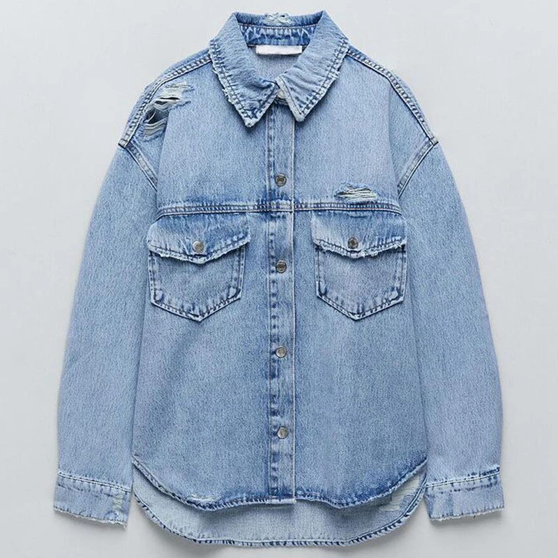 

Denim Jacket New Spring Autumn Fashion Women Ripped Denim Cool Jacket Casual Loose Pocket Buttons Blouses Oversize Shirt Coat