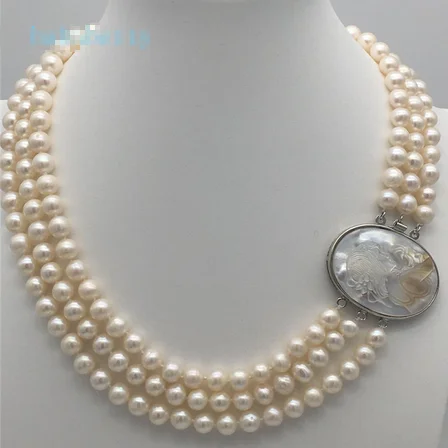 

Genuine 3 Rows 7-8MM Freshwater pearl Necklace Cameo Clasp