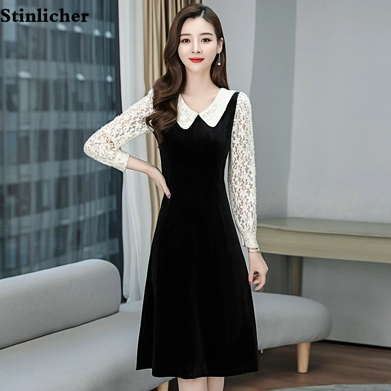 

Осенне-зимнее бархатное платье с длинными рукавами и кружевом, женское модное облегающее Черное длинное вечернее платье с разрезом, женско...